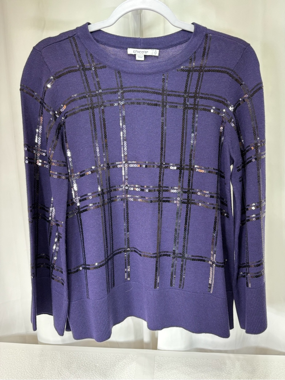 Chico's Purple Sequin Plaid Crewneck 4051